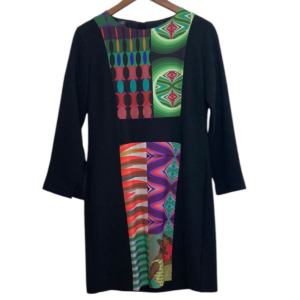 Desigual Dress Womens 40 8 Black Green Purple Stretch Colorful Short Mini